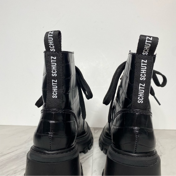 New! Schutz Chunky Lug Sole Lace Up Croc Embossed Leather Boot 6B - Picture 4 of 12